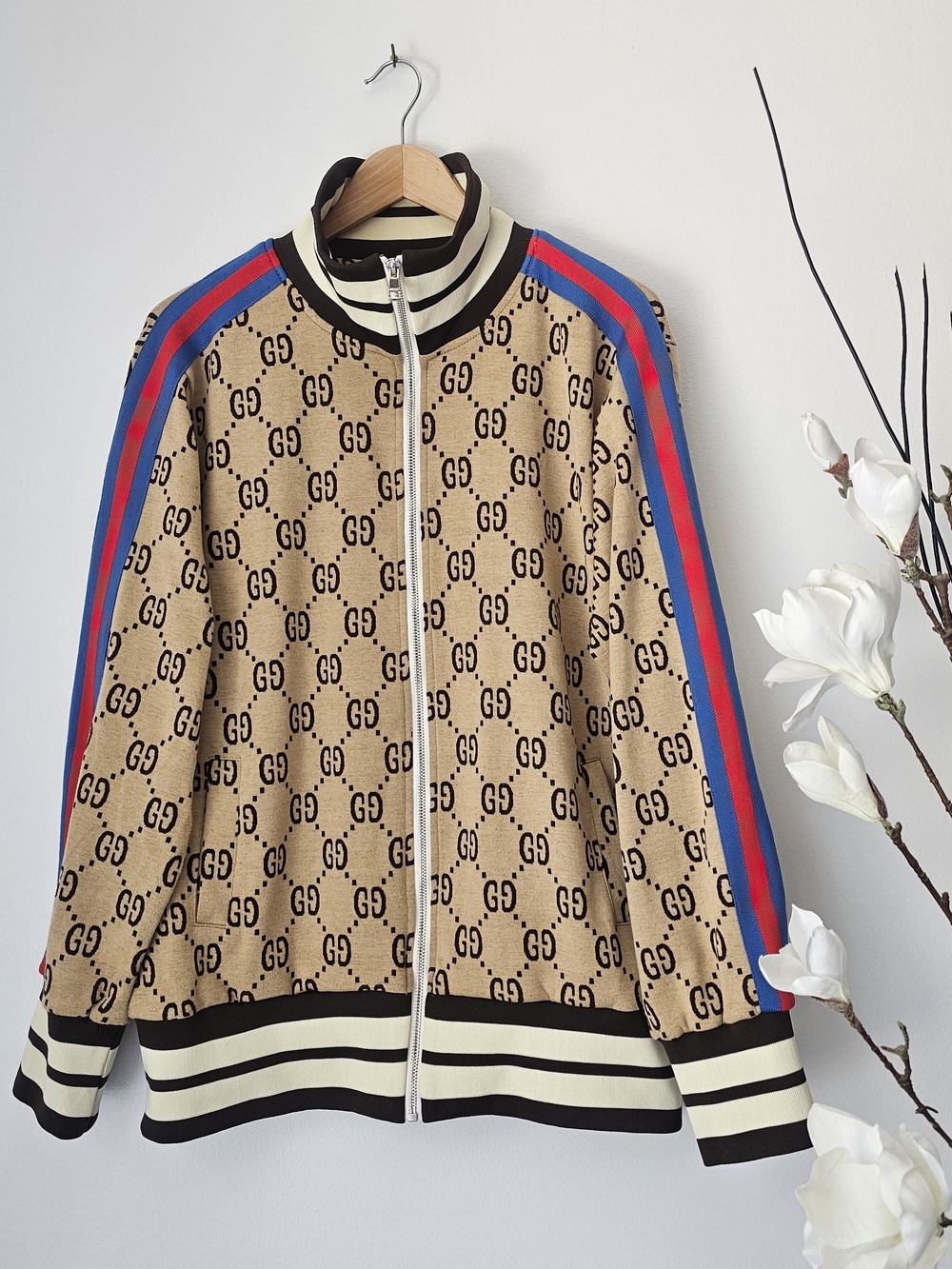 Gucci Beige Logo Monogram Jersey Striped Trim Track Jacket